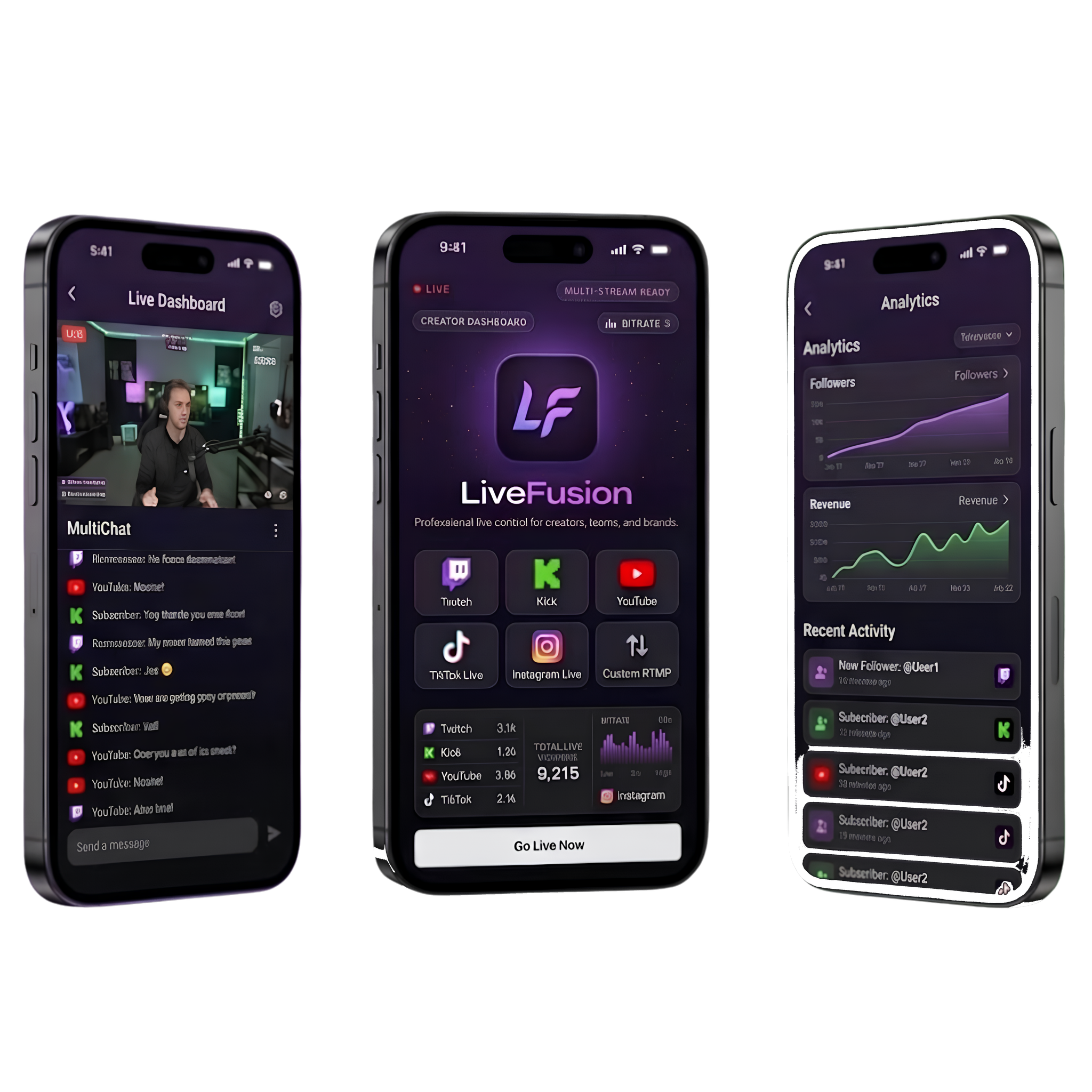 LiveFusion app on iPhone — dashboard, go live, and analytics